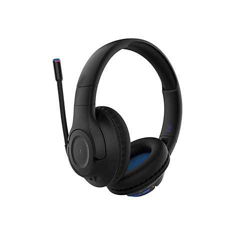 Schwarzes Gaming-Headset mit Mikrofon und blauen Details. Auf weiÃŸem Hintergrund.
