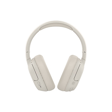 Casque beige, vue de face, sur fond blanc. On peut voir les oreillettes, le bandeau et les commandes.