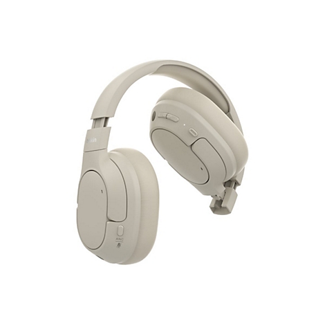Casque beige flottant sur fond blanc. Oreillettes, arceau et commandes, dont le bouton ANC, sont visibles.