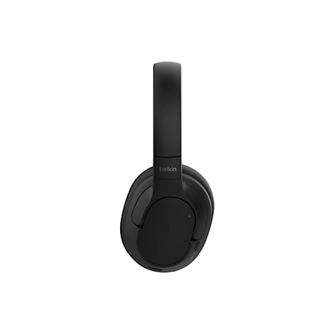 Schwarzer Over-Ear-Kopfhörer mit Belkin-Logo auf dem Bügel. Aufnahme von der Seite vor weißem Hintergrund.