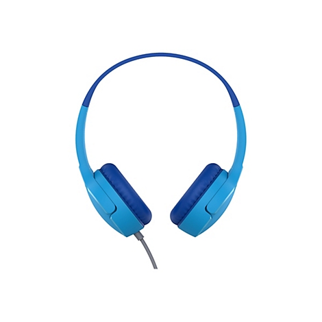 Casque bleu clair avec coussinets d'oreille bleu foncé sur fond blanc. L'arceau est également bleu et relié à un câble gris.