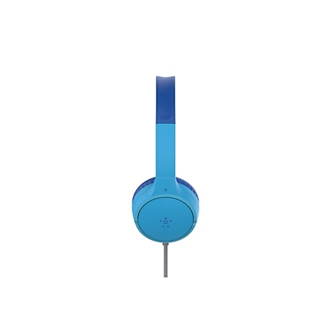 Casque bleu clair avec bandeau bleu, câble gris, sur fond blanc.