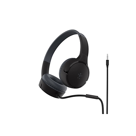 Casque noir avec bandeau et coussinets d'oreille gris. Un câble avec prise jack est connecté.