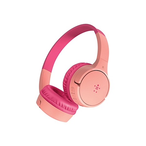 Casque rose clair sur fond blanc. Les oreillettes et le bandeau sont bicolores, rose et rose clair. Des commandes et un logo sont visibles sur l'écouteur.