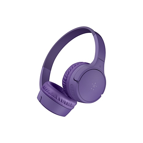 Casque violet vu légèrement en biais de face. Sur fond blanc. Coussinets et bandeau rembourrés.