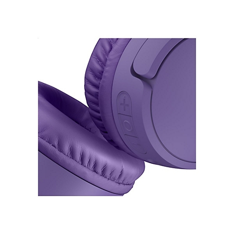 Gros plan d'un casque violet. Boutons avec des signes plus et moins.