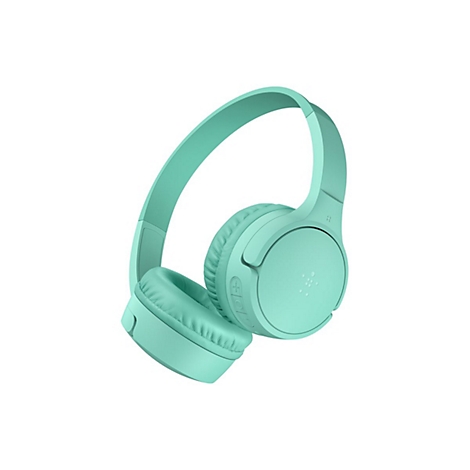 Casque audio vert clair, photographié en diagonale de face, sur fond blanc.