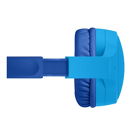 Détail d'un casque bleu avec des coussinets d'oreille souples et un bandeau bleu clair sur fond blanc.