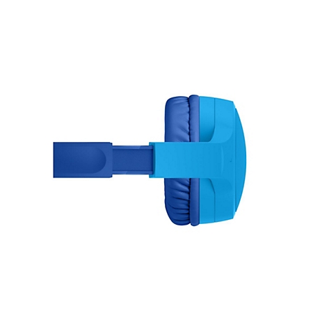 Gros plan d'un casque bleu clair. Écouteurs bleus et serre-tête réglable, sur fond blanc.