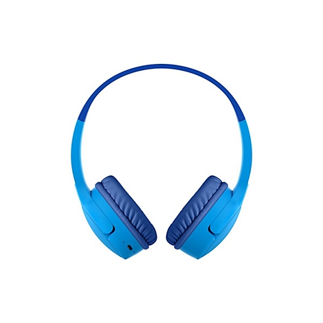 Casque bleu clair avec coussinets d'oreille bleu foncé sur fond blanc. L'arceau est également bleu.