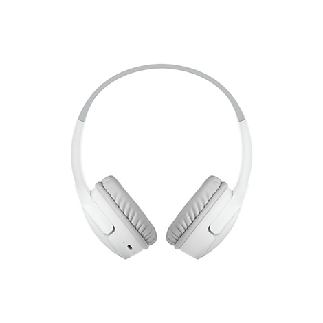 Casque blanc avec bandeau et écouteurs gris. Sur fond blanc.