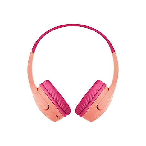 Hellrosa Kopfhörer mit pinkfarbenen Ohrmuscheln. Der Bügel verläuft oben in Pink.