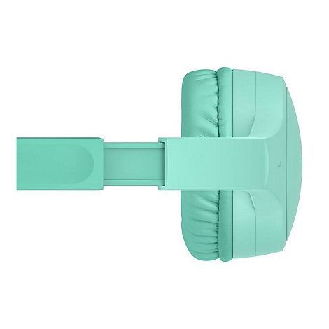 Hellgrüner Kopfhörer, Draufsicht. Ohrmuschel mit weichem Polster, Bügel ausgezogen.