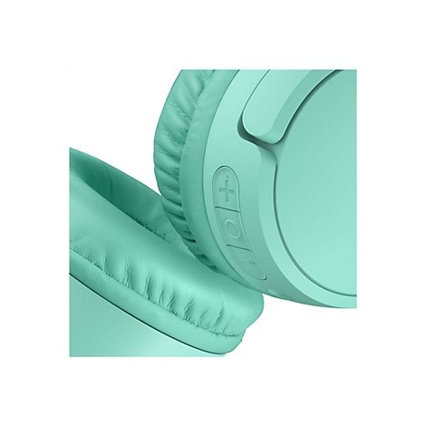 Nahaufnahme eines mintfarbenen Kopfhörers. Knöpfe mit Plus-, Kreis- und Minus-Symbol sind sichtbar.