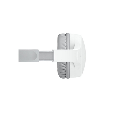 Nahaufnahme eines weißen Kopfhörers mit grauen Ohrmuscheln, die auf weißem Hintergrund liegen.