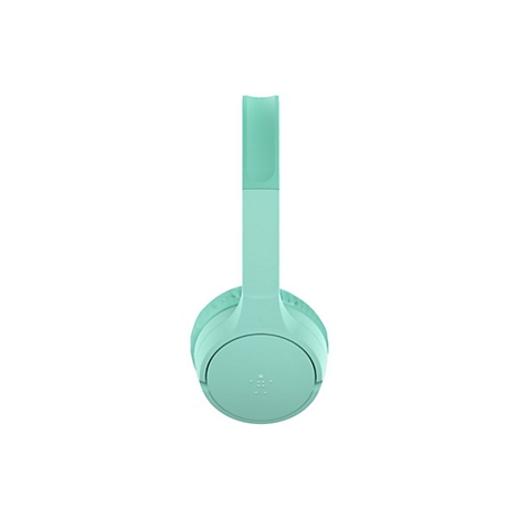 Hellgrüner Kopfhörer, frontal. Bügel und Ohrmuscheln sind erkennbar.