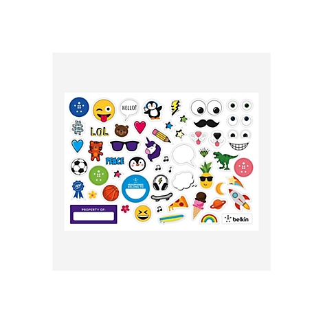Aufkleber-Set mit Emojis, Smileys, Herzen, Sternen, Pinguin, Dino und mehr. Auf weißem Hintergrund. Belkin Logo.