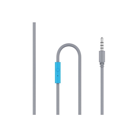 Ein graues Kopfhörerkabel mit blauem Bedienfeld und Klinkenstecker auf weißem Hintergrund.