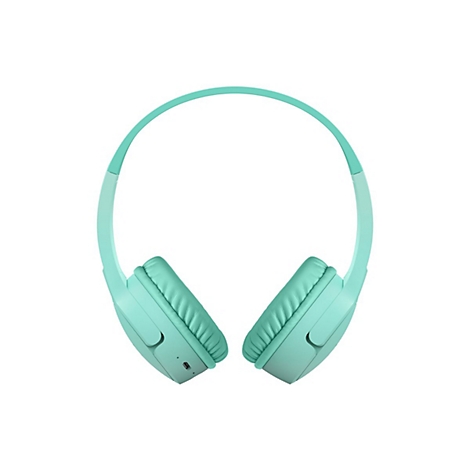 Hellgrüner Kopfhörer, frontal. Ohrmuscheln mit Steppung, Bügel leicht gebogen. Hintergrund weiß.