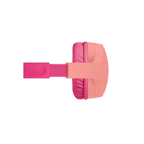 Draufsicht auf einen rosa-pfirsichfarbenen Kopfhörer. Das Ohrpolster ist rosa und das Stirnband hellrosa.