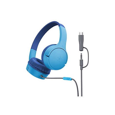 Hellblaue Kopfhörer mit dunkelblauen Ohrpolstern. Daneben ein graues Kabel mit Klinken- und USB-C-Stecker.