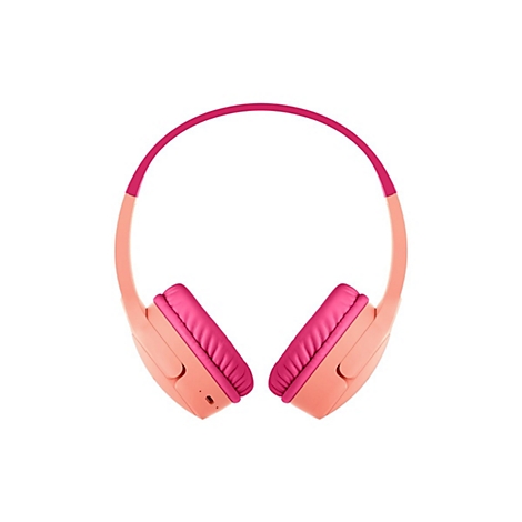 Hellorange Kopfhörer mit pinken Ohrmuscheln und Bügel. Perspektive von vorne.