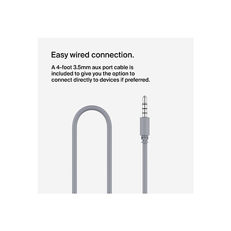 Graues Audiokabel mit 3,5mm Klinkenstecker, Text: "Einfache kabelgebundene Verbindung."