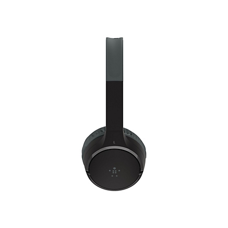 Vue de dessus d'un casque noir avec un bandeau gris. Le logo est visible sur l'écouteur droit.