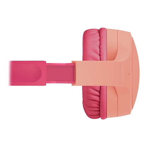 Gros plan d'un casque rose. Les coussinets sont roses, le bandeau est orange clair, la partie réglable est également rose.