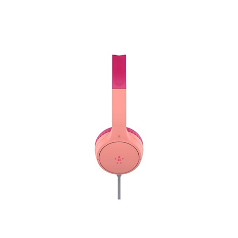 Rosa Kopfhörer mit pinkfarbenem Bügel und grauem Kabel vor weißem Hintergrund.