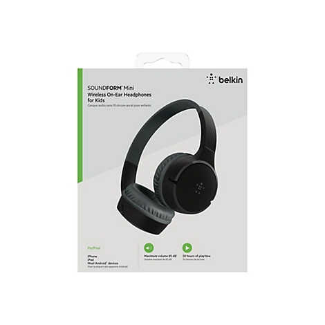 Dunkelgraue Kopfhörer der Marke Belkin auf weißem Hintergrund. Der Name des Produktes lautet SOUNDFORM Mini Wireless On-Ear Headphones for Kids.