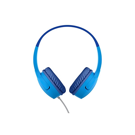 Un casque bleu clair avec un serre-tête bleu et des écouteurs rembourrés. Un câble gris en sort.