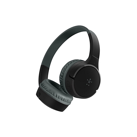 Casque noir avec coussinets et bandeau gris sur fond blanc.