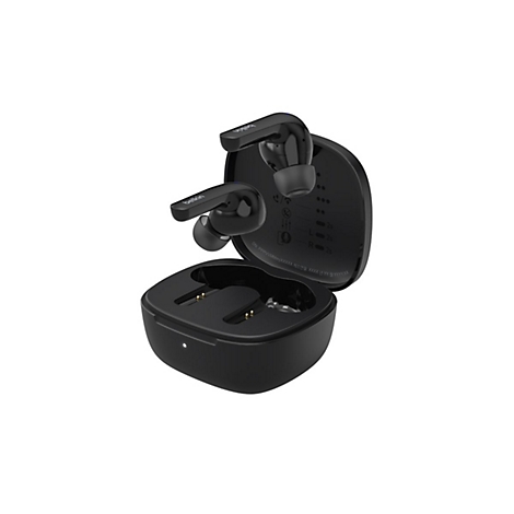 Schwarze Belkin-Kopfhörer in geöffneter Ladebox. Ein Kopfhörer liegt in der Box, ein zweiter daneben. Aufschrift "belkin".