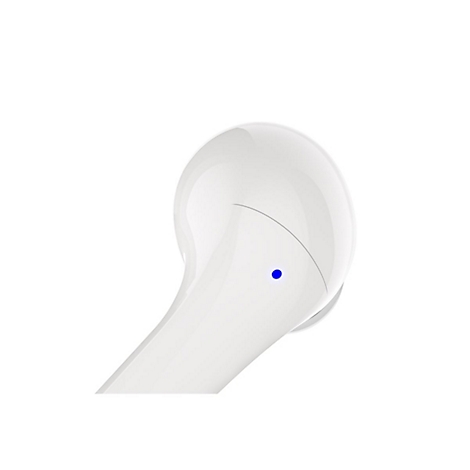 Un écouteur sans fil blanc avec un point bleu brillant sur fond blanc.