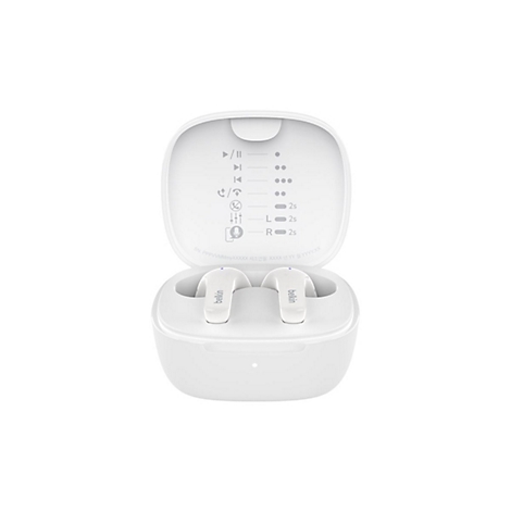 Étui de chargement blanc avec écouteurs Belkin. Ouvert, les écouteurs sont dans la base. Des symboles et des lettrages sont visibles à l'intérieur de l'étui.