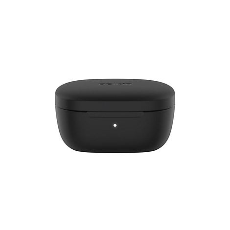 Schwarzes Ladecase für kabellose Ohrhörer, mit Belkin-Logo auf dem Deckel und LED-Anzeige.