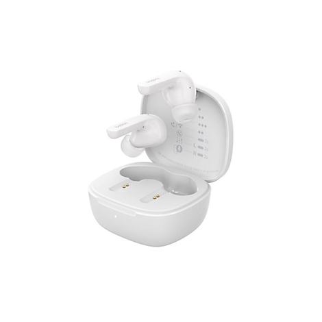 Weiße Belkin-Kopfhörer in geöffneter Ladebox. Ohrhörer links und rechts, Innenleben der Box mit Schriftzügen. Auf weißem Hintergrund.