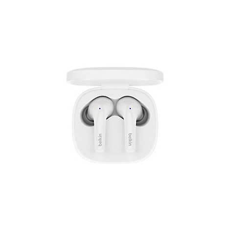 Weiße Belkin Kopfhörer in geöffneter Ladebox vor weißem Hintergrund. Beide haben das Belkin Logo.