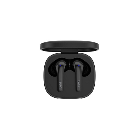 Écouteurs sans fil noirs avec étui de chargement, marque Belkin, sur fond blanc.