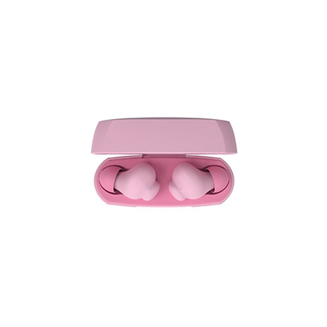 Écouteurs rose clair dans un étui de chargement rose clair, ouverts.