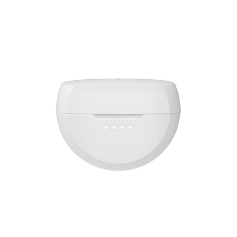 Weißes, ovales Ladecase für Ohrhörer mit vier kleinen Punkten. Oben ein Schriftzug.