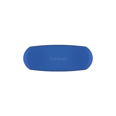 Blauer, oval geformter Belkin-Lautsprecher mit Belkin-Logo auf weißem Hintergrund.