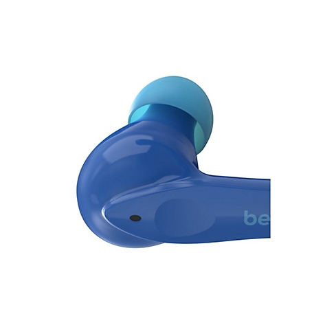 Blauer In-Ear-Kopfhörer mit helblauer Spitze. Auf der Seite steht "be".