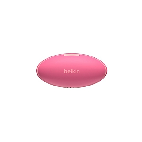 Rosafarbenes Belkin-Ladecase für Kopfhörer, oval mit Schriftzug.