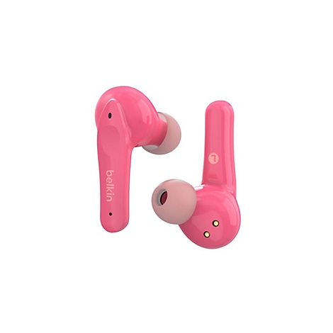 Zwei pinke Belkin-Kopfhörer auf weißem Hintergrund. Einer zeigt das Belkin-Logo, der andere das 'L'.