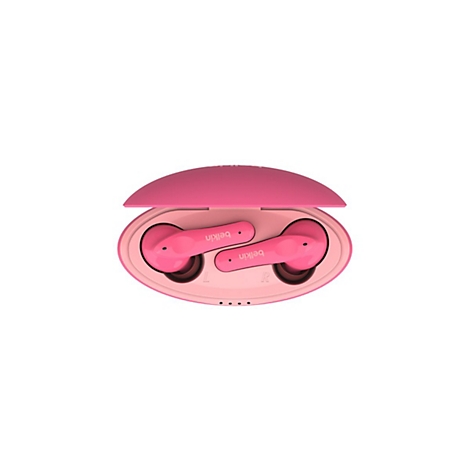 Hellrosa kabellose Ohrhörer in einer passenden Ladebox, die geöffnet ist. Auf den Ohrhörern und der Box ist das Belkin-Logo zu sehen.