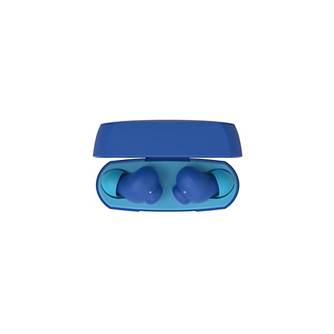 Étui de chargement bleu ouvert avec deux écouteurs bleus. Intérieur bleu clair.