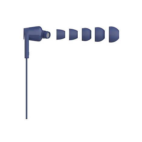 Blaues In-Ear-Kopfhörer-Set mit austauschbaren Ohrstöpseln, Kabel. Vor weißem Hintergrund.