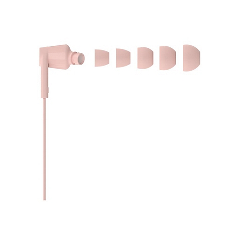 Hellrosa Kopfhörer mit austauschbaren Ohrstöpseln auf weißem Hintergrund.